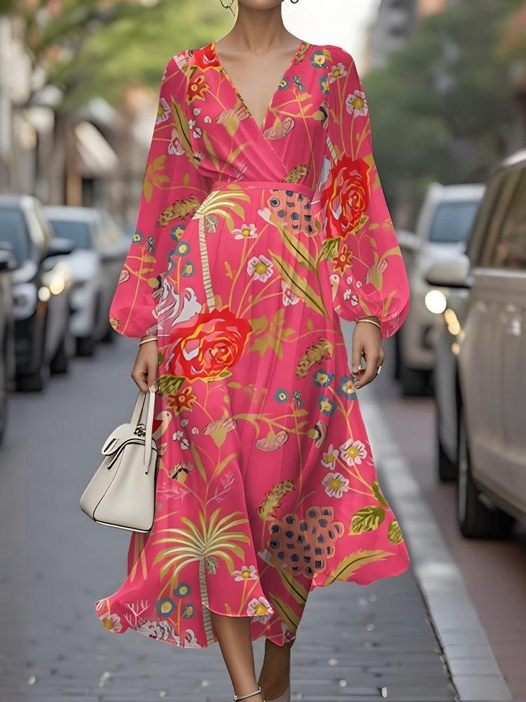 Floral Puff Sleeve V Neck Street Regular Fit Dress