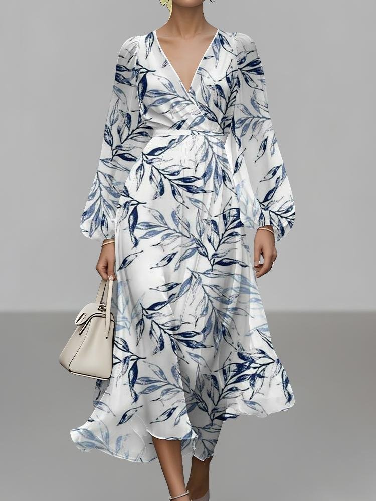 Regular Fit V Neck Puff Sleeve Vacation Dress