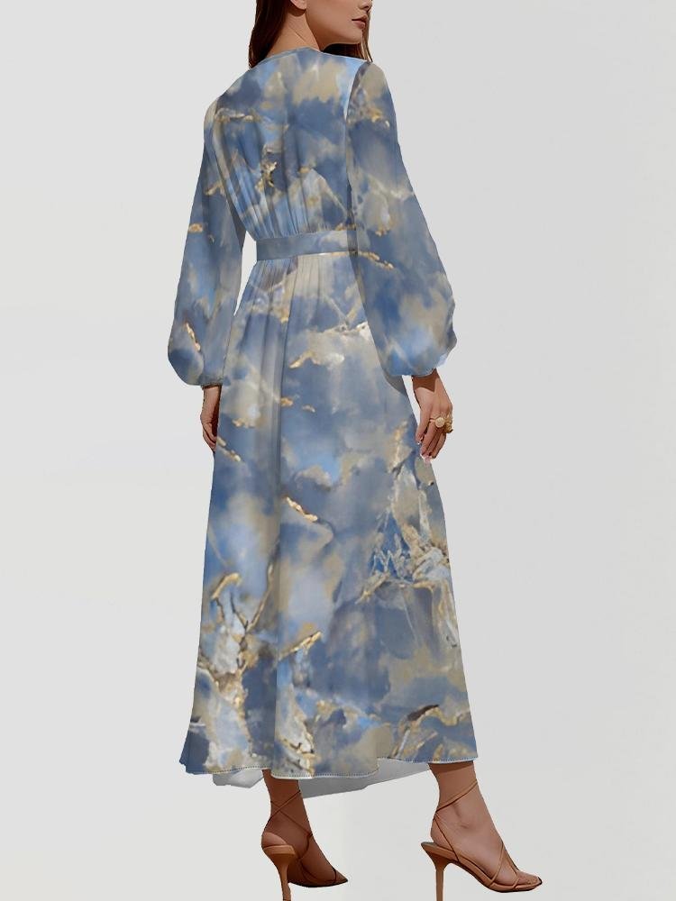 Gradient Pattern Puff Sleeve Semi Formal Regular Fit V Neck Dress