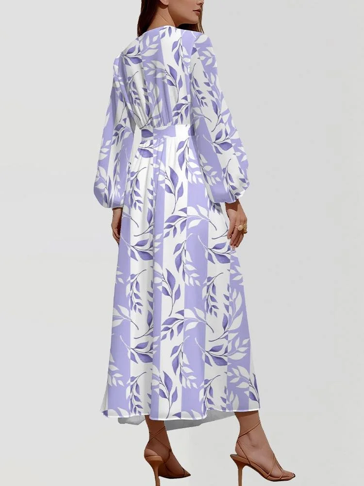 Leaf Regular Fit Vacation Puff Sleeve V Neck Dress