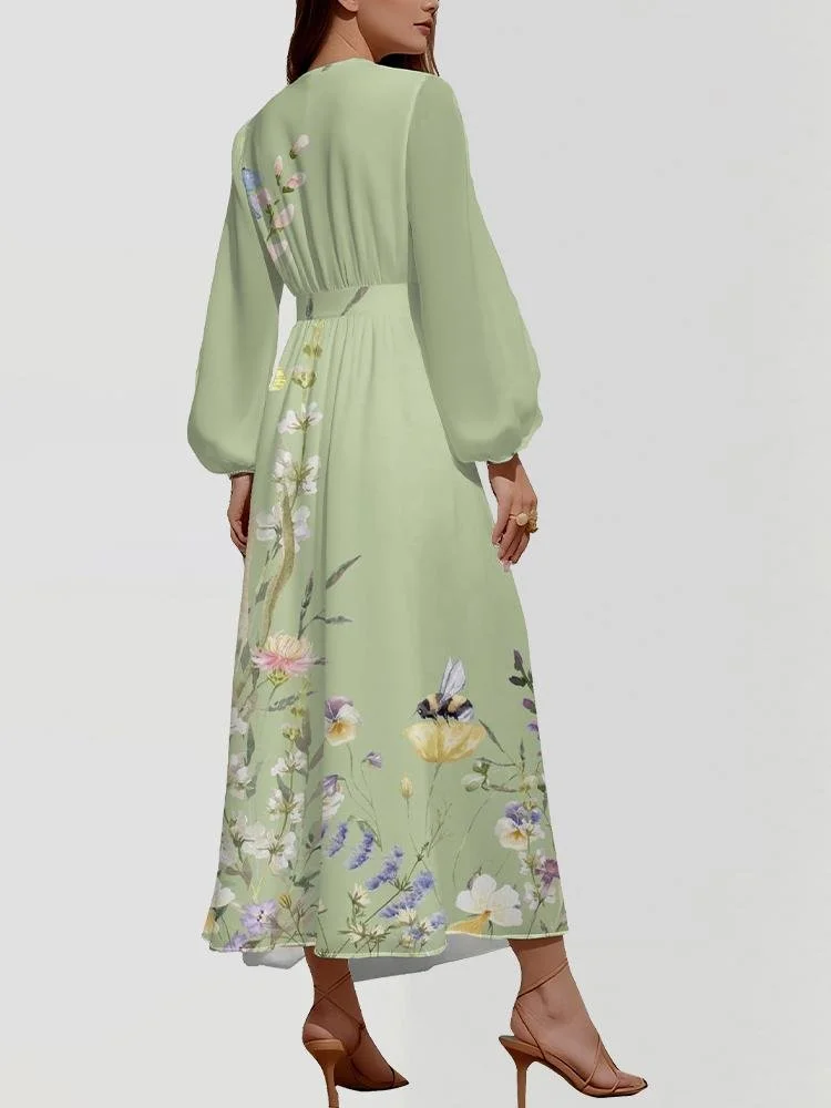 Puff Sleeve Floral Regular Fit V Neck Street Dress