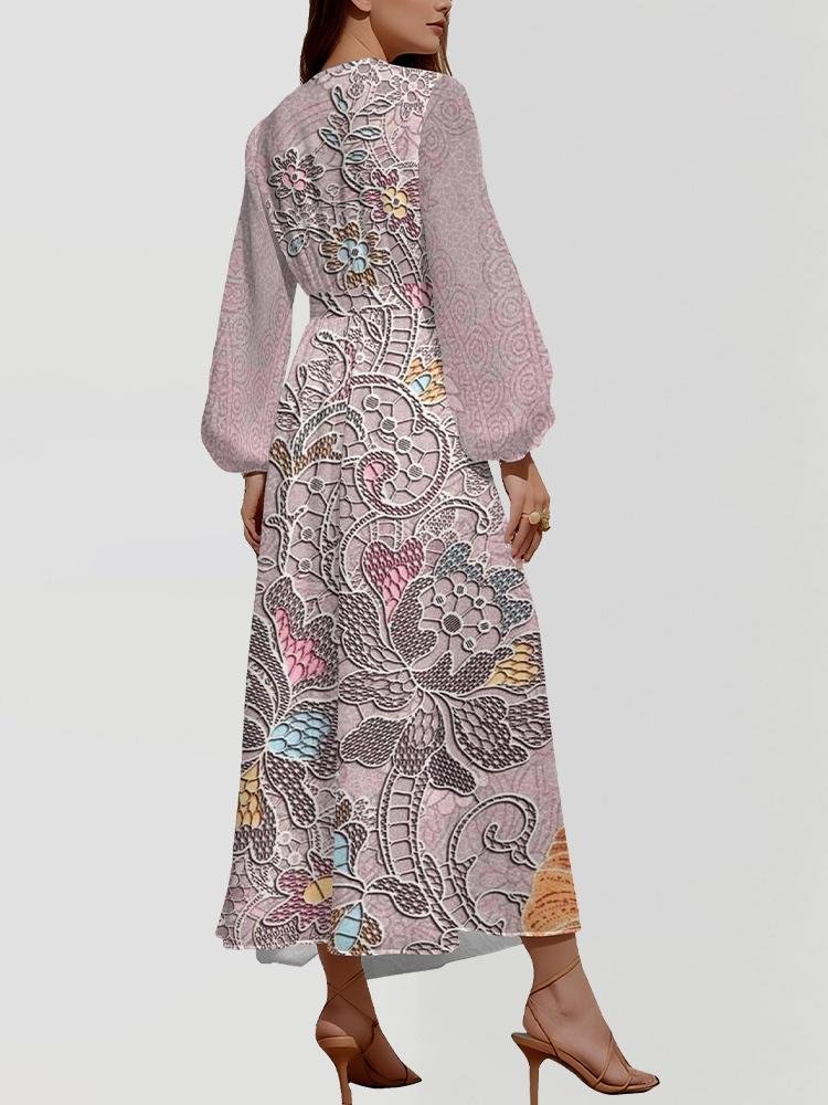 Vacation V Neck Gradient Pattern Puff Sleeve Regular Fit Dress