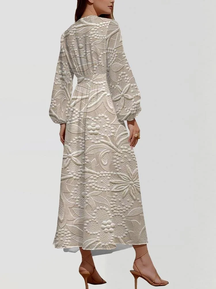 V Neck Botanical Pattern Puff Sleeve Regular Fit Semi Formal Dress