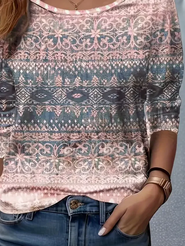 Women's Long Sleeve T-shirt Spring/Fall Pink Floral Printing Jersey Crew Neck Daily Going Out Casual Top