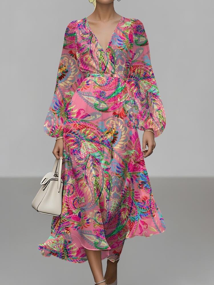Regular Fit Paisley Puff Sleeve Semi Formal Dress