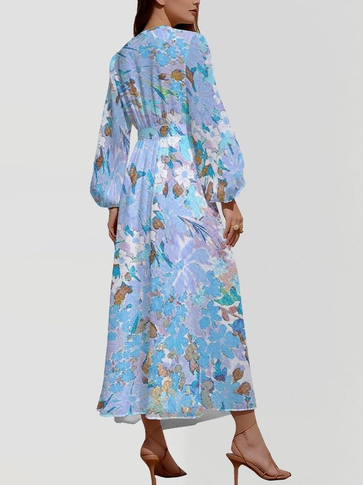 Vacation V Neck Gradient Pattern Puff Sleeve Dress