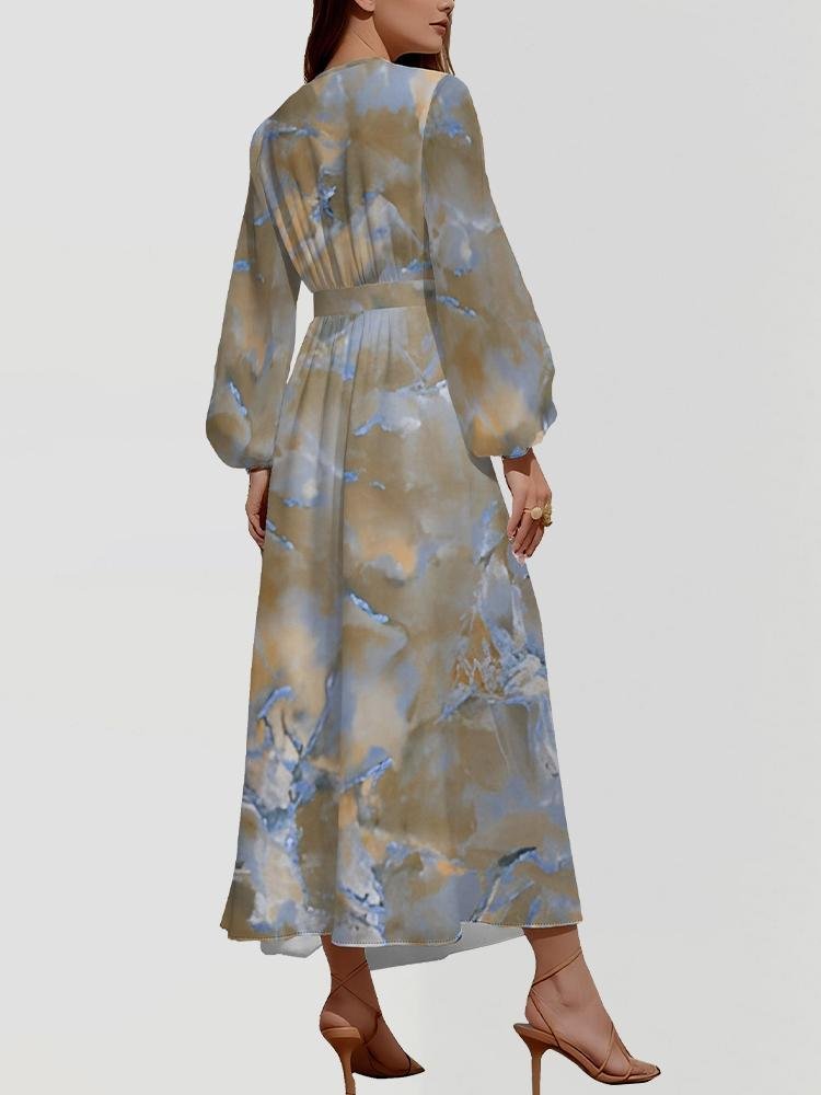 Gradient Pattern Puff Sleeve Semi Formal Regular Fit V Neck Dress