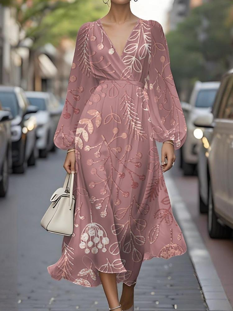 Puff Sleeve Regular Fit V Neck Leaf Street Dress
