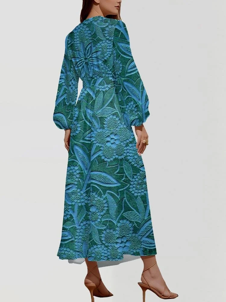 V Neck Botanical Pattern Puff Sleeve Regular Fit Semi Formal Dress