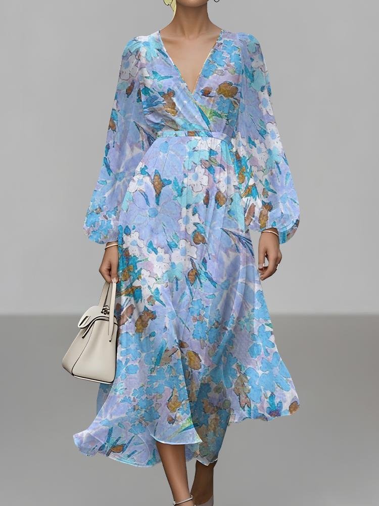 Vacation V Neck Gradient Pattern Puff Sleeve Dress