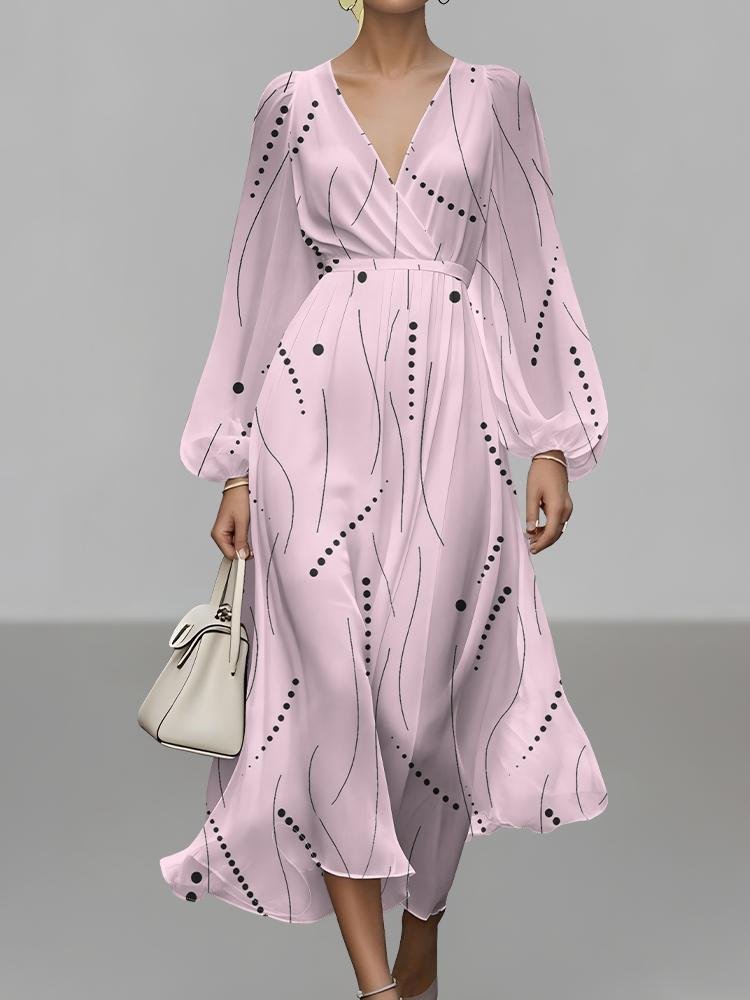 Abstract Polka Dots V Neck Sexy Puff Sleeve Regular Fit Dress