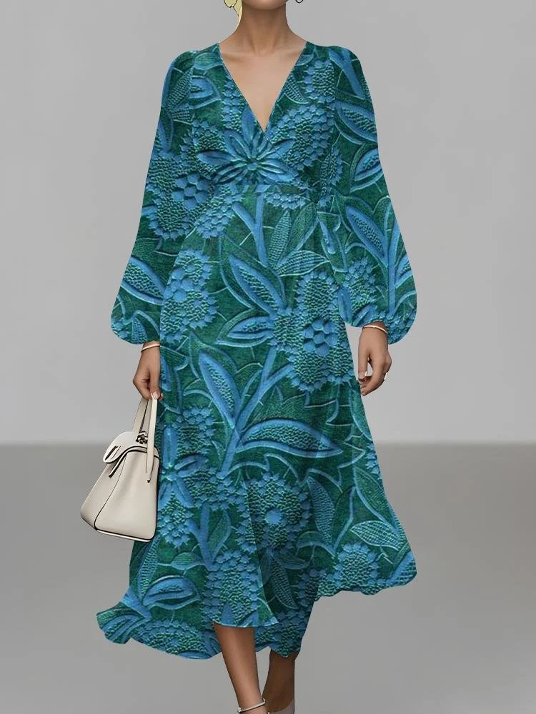 V Neck Botanical Pattern Puff Sleeve Regular Fit Semi Formal Dress