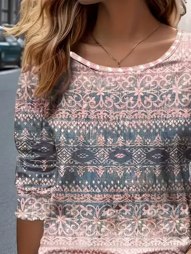 Women's Long Sleeve T-shirt Spring/Fall Pink Floral Printing Jersey Crew Neck Daily Going Out Casual Top