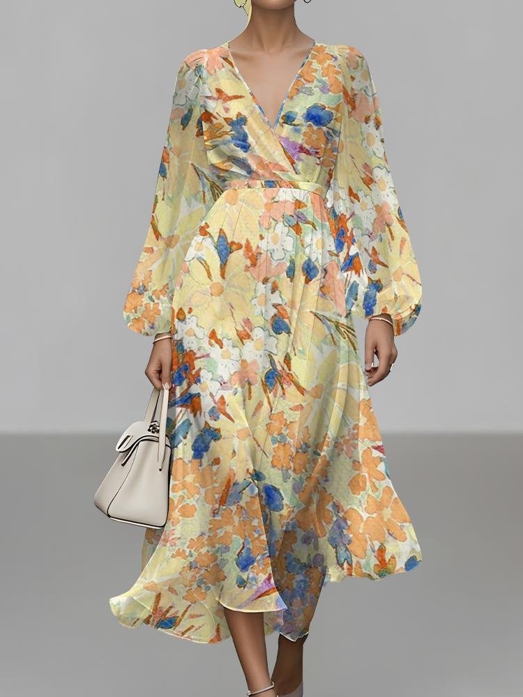 Vacation V Neck Gradient Pattern Puff Sleeve Dress