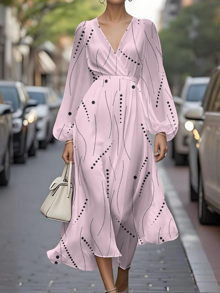 Abstract Polka Dots V Neck Sexy Puff Sleeve Regular Fit Dress