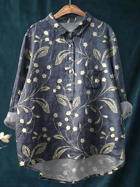 Women's Long Sleeve Shirt Spring/Fall Color1 Floral Split Joint Shawl Collar Daily Going Out Casual Top