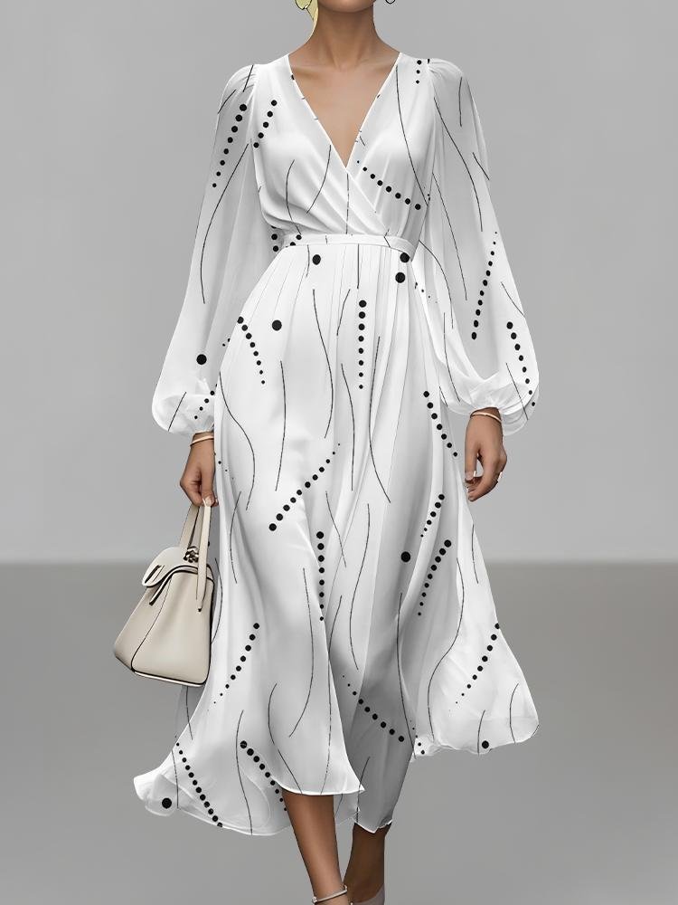 Abstract Polka Dots V Neck Sexy Puff Sleeve Regular Fit Dress