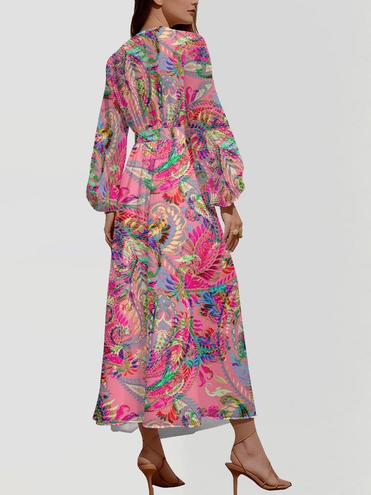 Regular Fit Paisley Puff Sleeve Semi Formal Dress