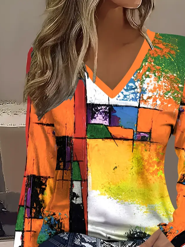 Women's Long Sleeve T-shirt Spring/Fall Orange Abstract Printing Jersey V Neck Daily Going Out Casual Top