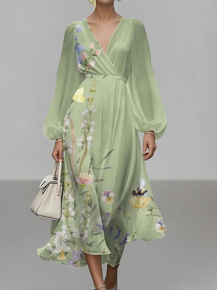 Puff Sleeve Floral Regular Fit V Neck Street Dress
