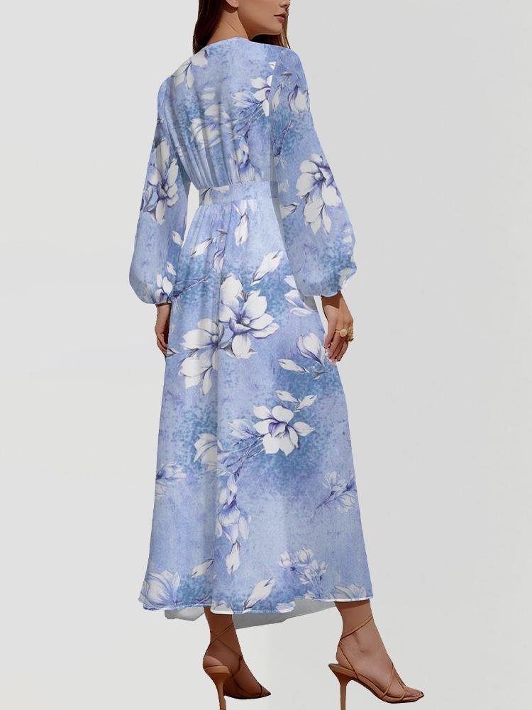 Street V Neck Floral Puff Sleeve Regular Fit Dress