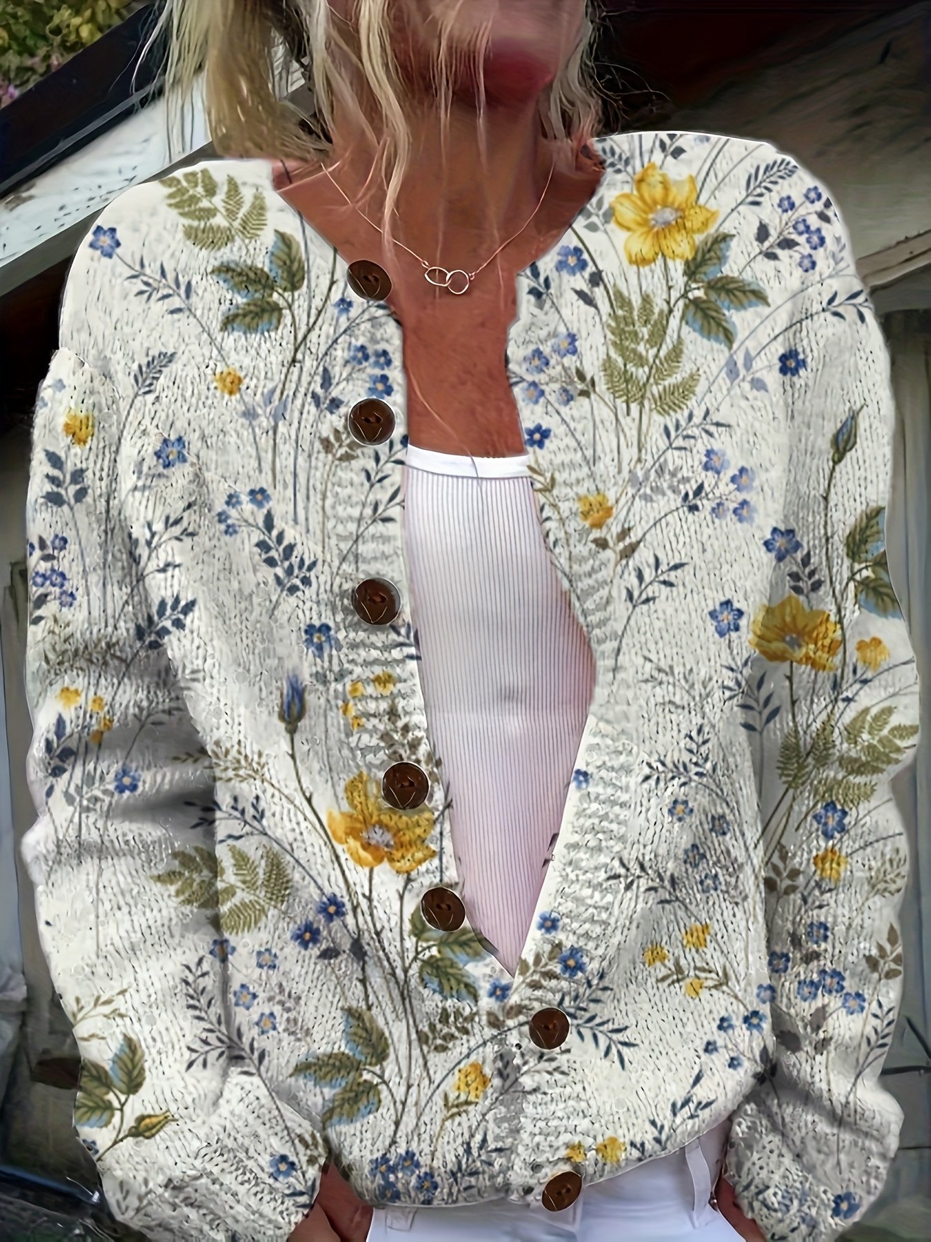 Floral Crew Neck Casual Cardigan