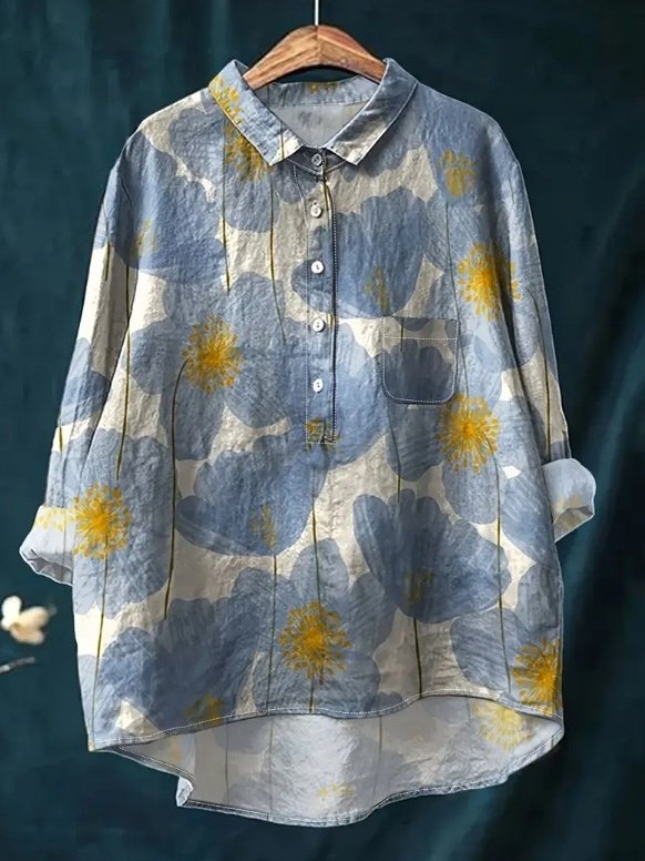 Women's Long Sleeve Shirt Spring/Fall Color1 Floral Split Joint Shawl Collar Daily Going Out Casual Top