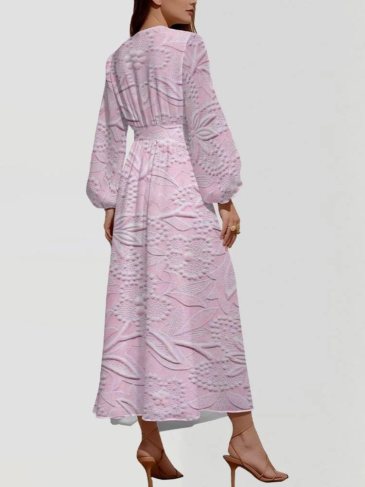 V Neck Botanical Pattern Puff Sleeve Regular Fit Semi Formal Dress