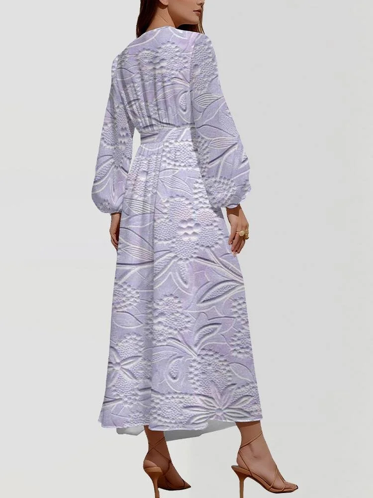 V Neck Botanical Pattern Puff Sleeve Regular Fit Semi Formal Dress