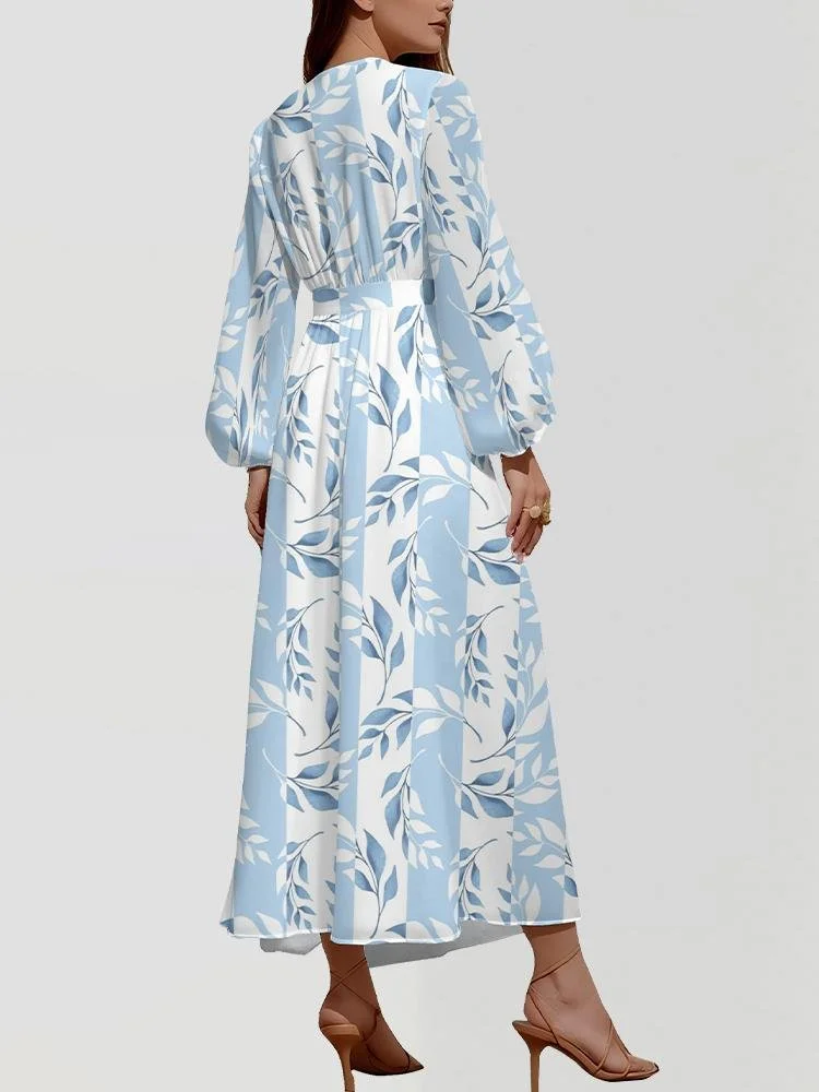 Leaf Regular Fit Vacation Puff Sleeve V Neck Dress
