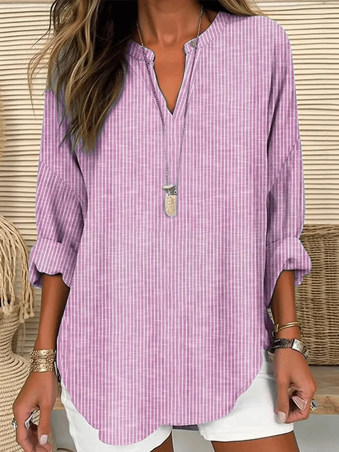 Women's Long Sleeve Blouse Spring/Fall Purple Striped Printing Cotton-Blend V Neck Daily Going Out Casual Top