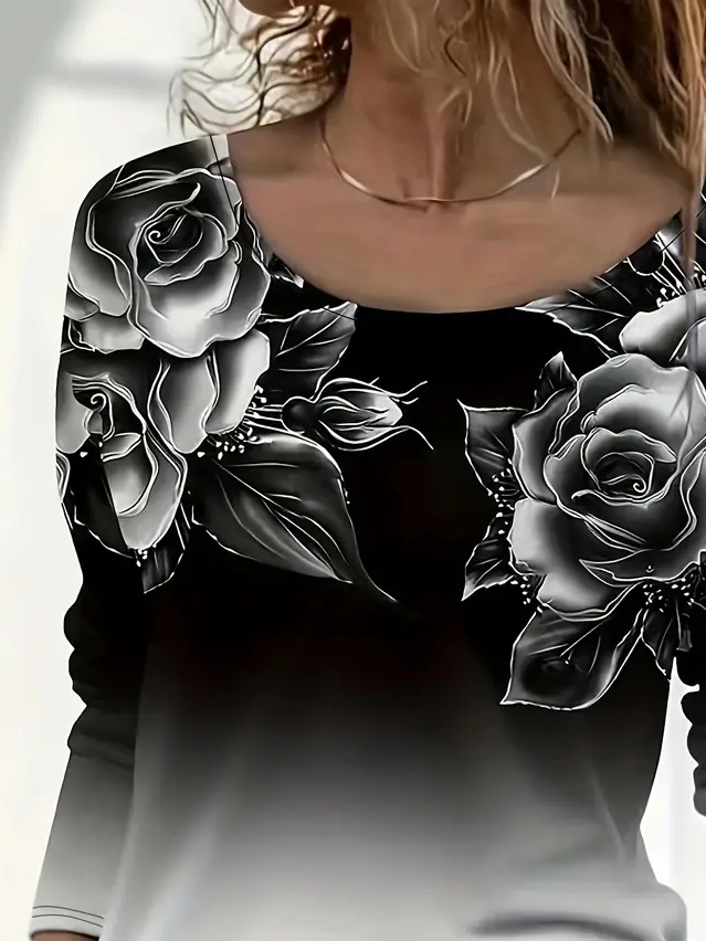 Women's Long Sleeve T-shirt Spring/Fall Black Floral Printing Jersey Crew Neck Daily Going Out Casual Top