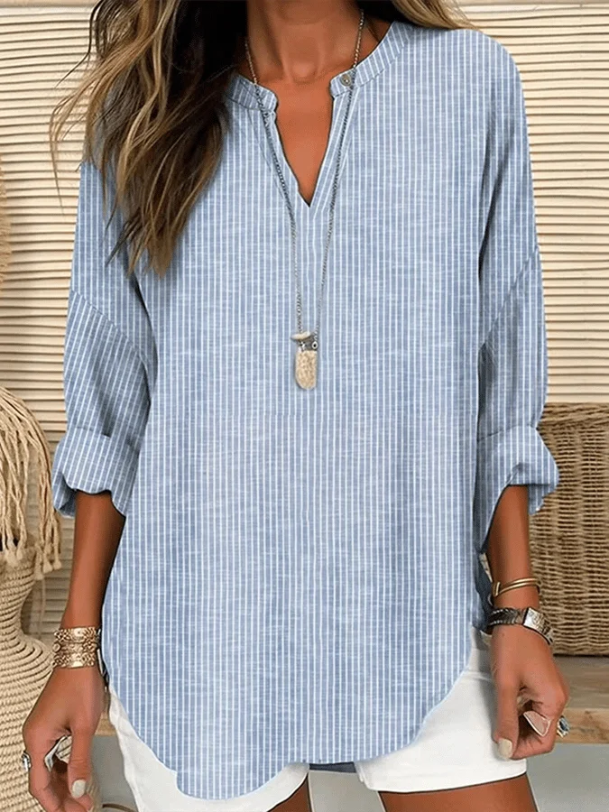 Women's Long Sleeve Blouse Spring/Fall Purple Striped Printing Cotton-Blend V Neck Daily Going Out Casual Top