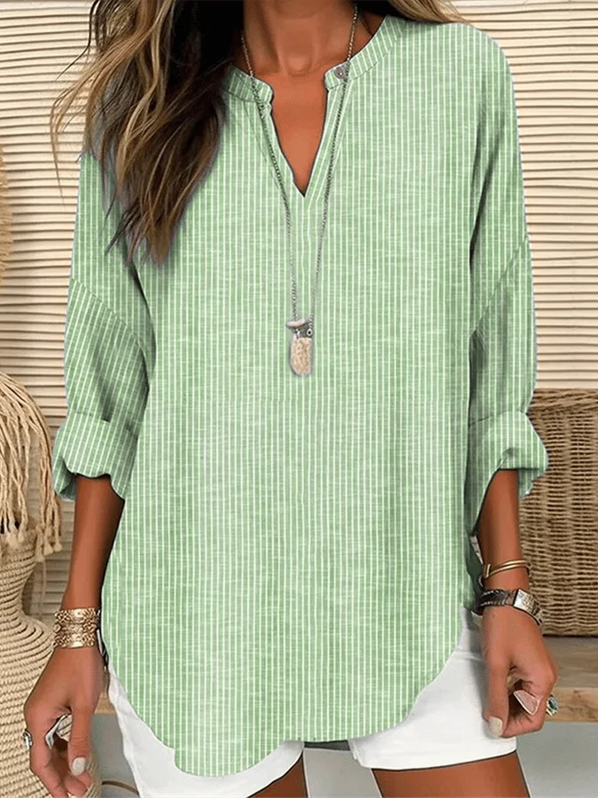 Women's Long Sleeve Blouse Spring/Fall Purple Striped Printing Cotton-Blend V Neck Daily Going Out Casual Top