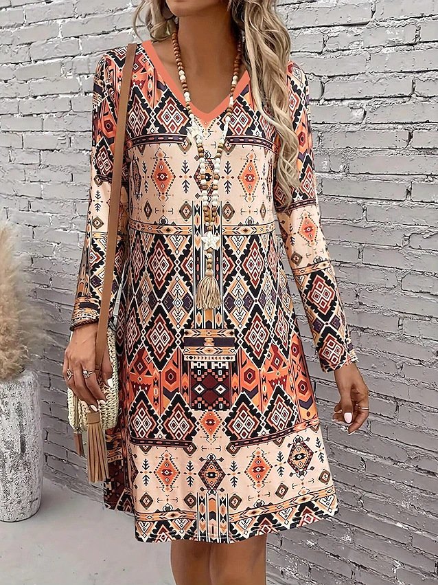 Casual Geometric V Neck Regular Fit Dress With No
