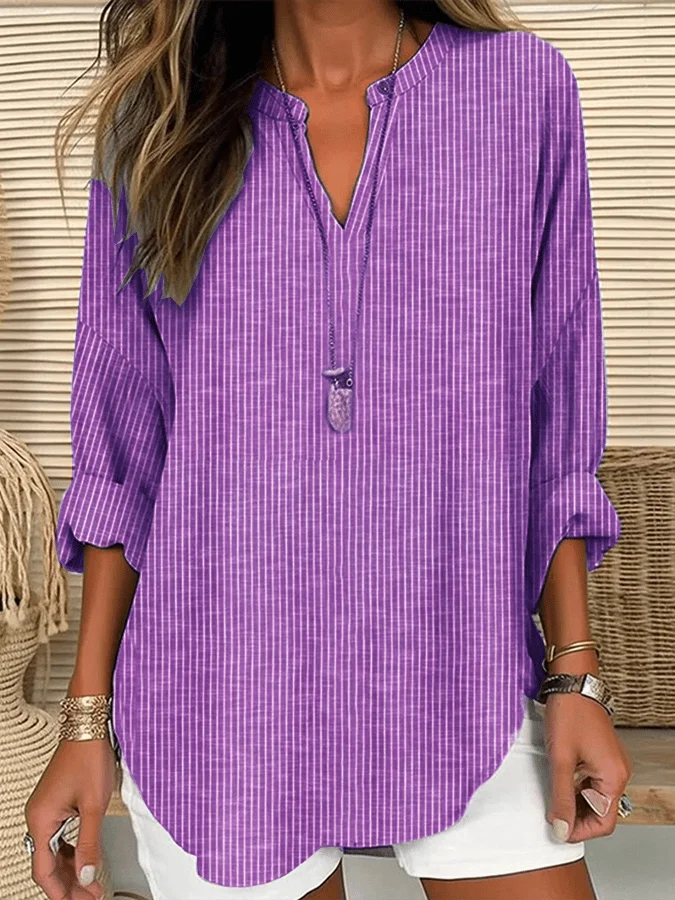 Women's Long Sleeve Blouse Spring/Fall Purple Striped Printing Cotton-Blend V Neck Daily Going Out Casual Top