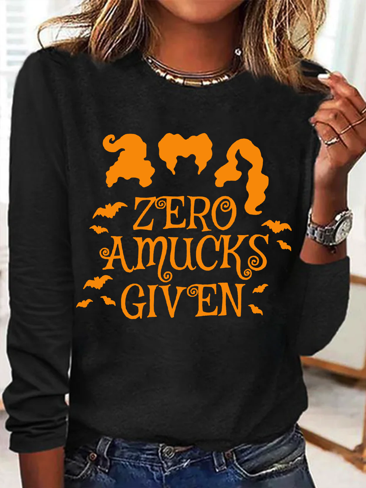 Holiday Round Neck Long Sleeve Halloween Letter Print T-Shirt