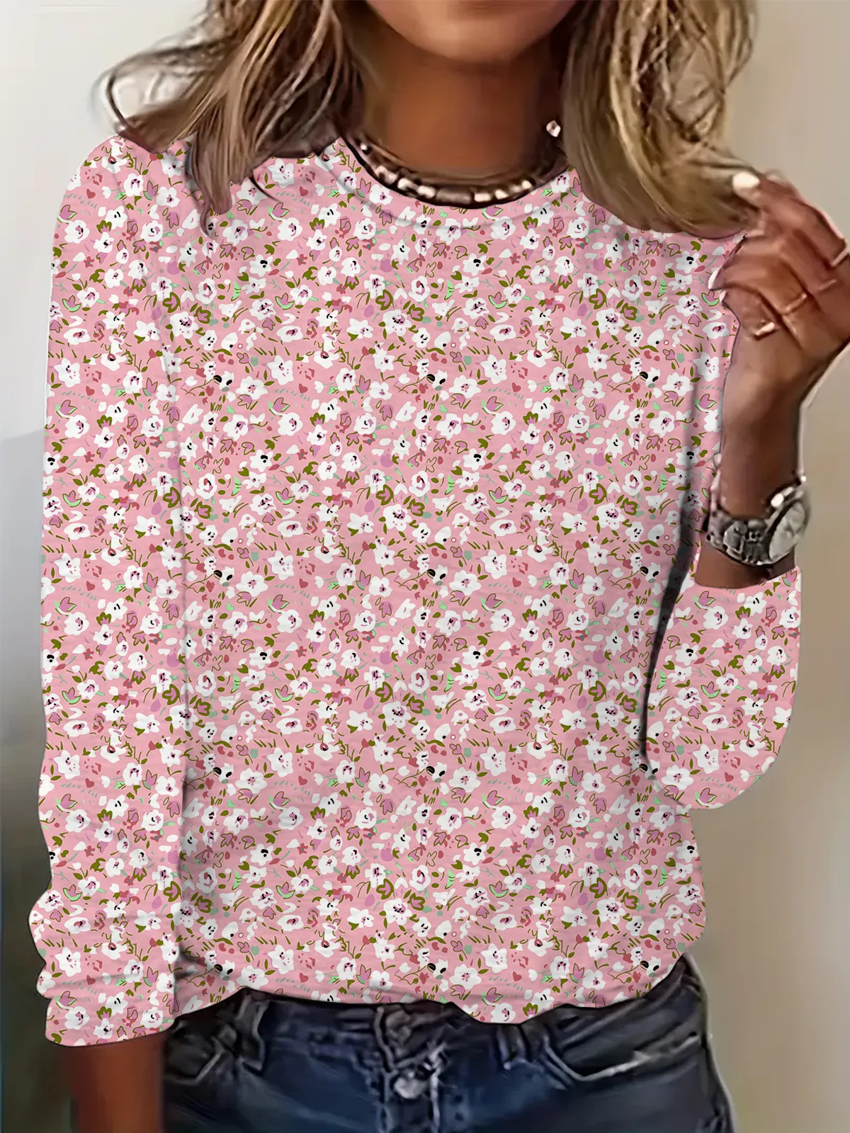 Women Simple Floral Spring/Fall Daily Loose Jersey Long Sleeve Regular Regular T-shirts