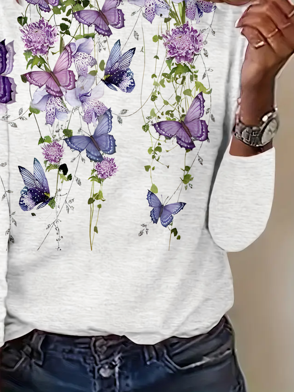 Women Simple Butterfly Spring/Fall Daily Loose Jersey Crew Neck H-Line Regular T-shirts