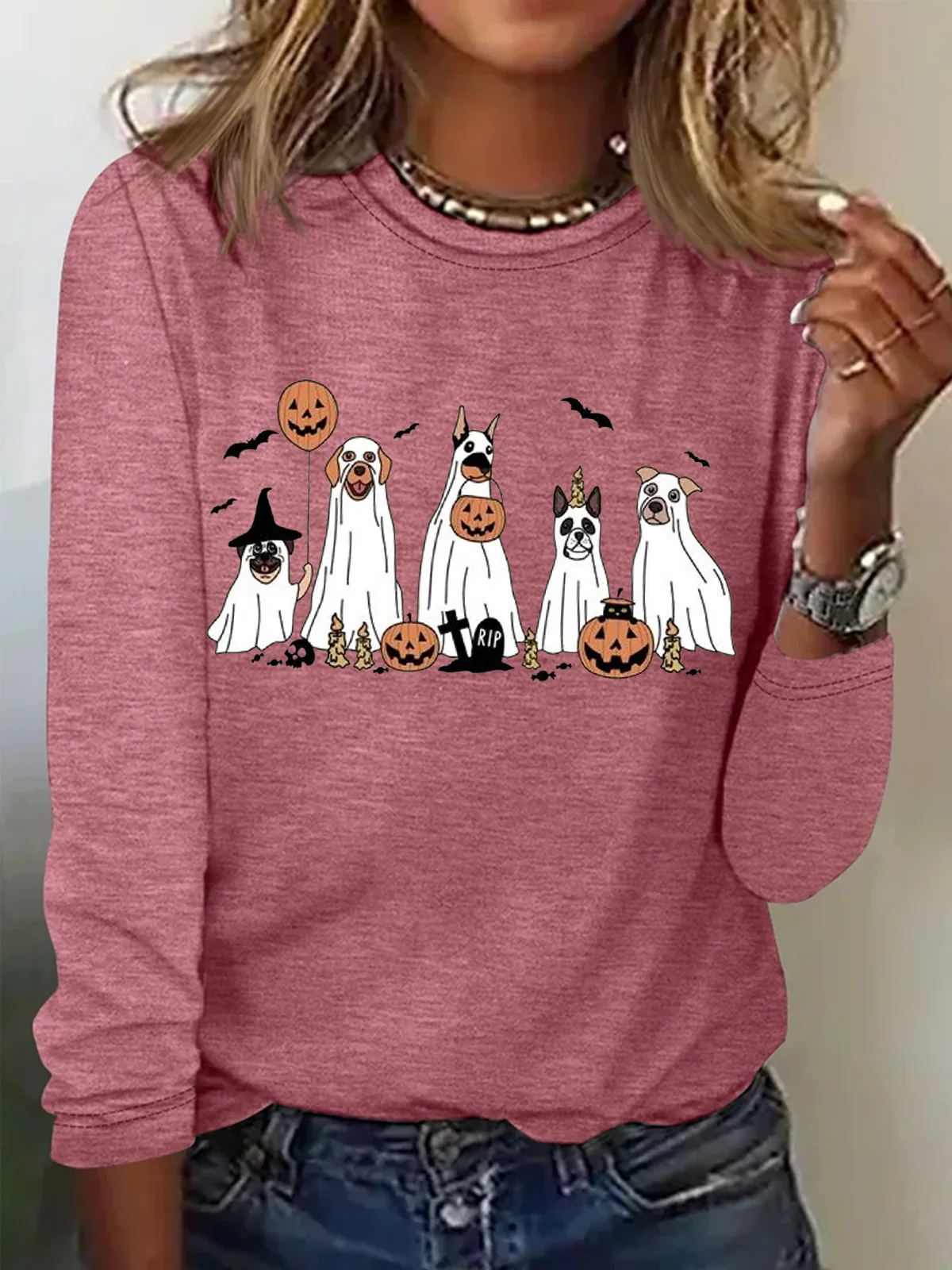 Holiday Round Neck Long Sleeve Halloween Letter Print T-Shirt