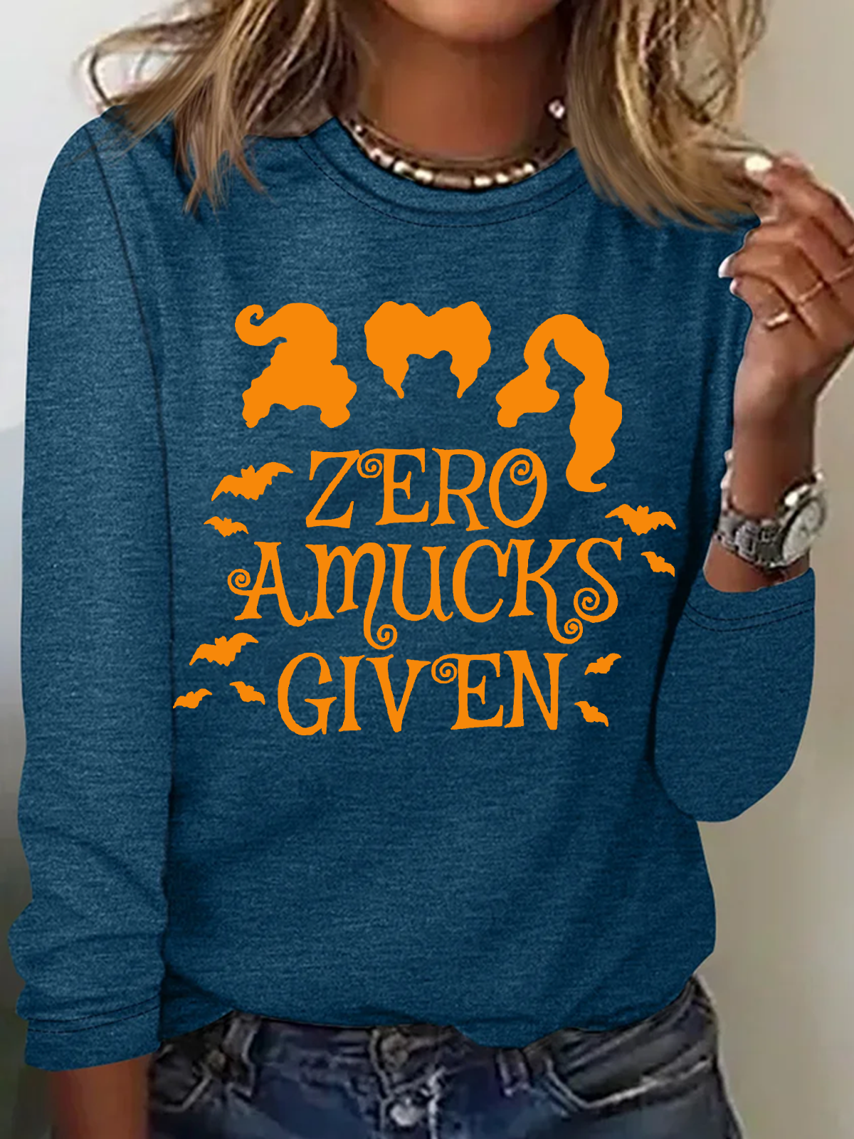 Holiday Round Neck Long Sleeve Halloween Letter Print T-Shirt
