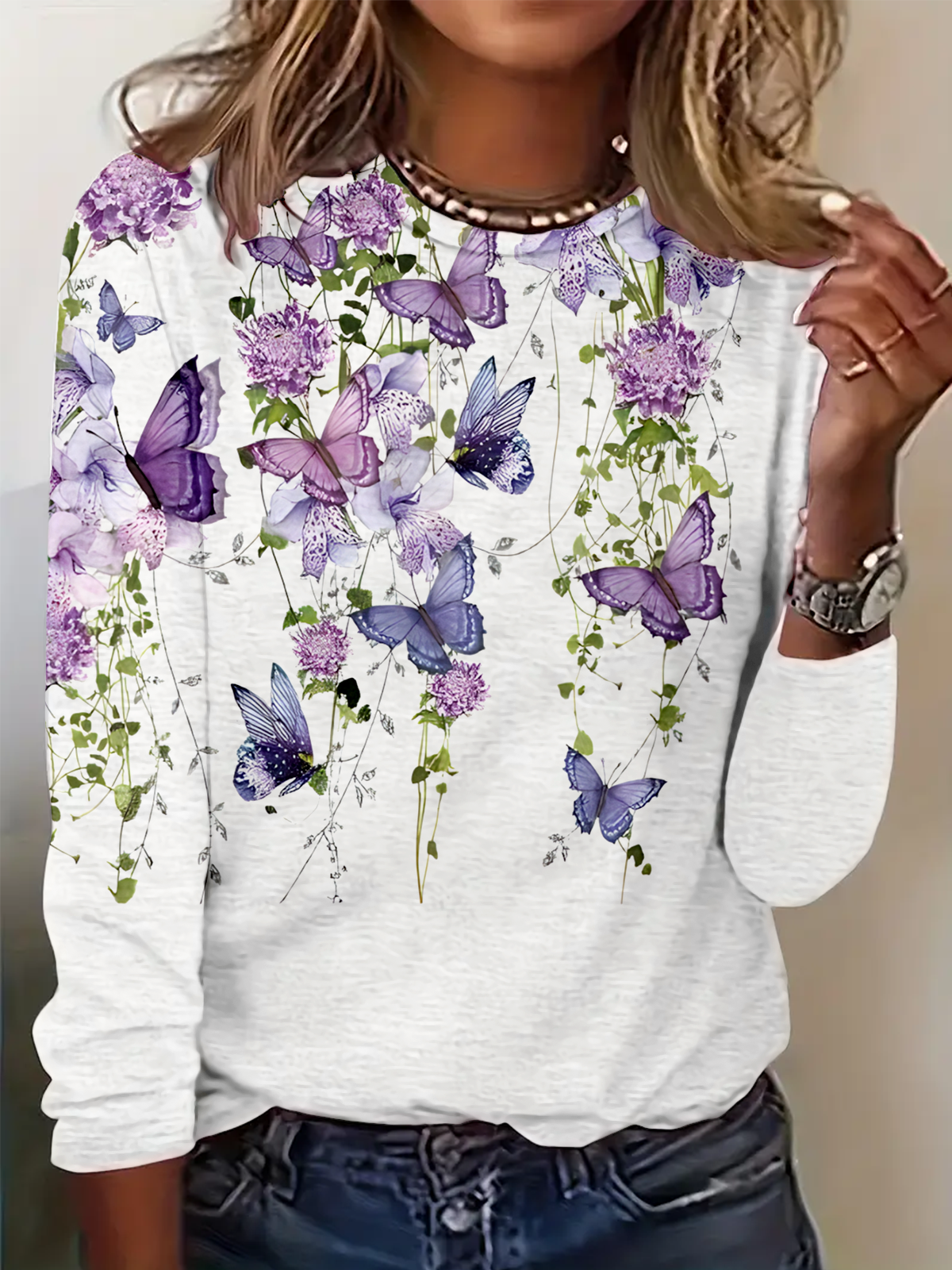 Women Simple Butterfly Spring/Fall Daily Loose Jersey Crew Neck H-Line Regular T-shirts