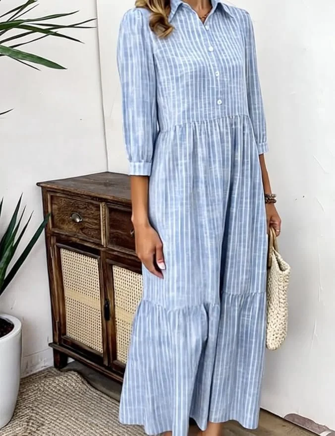Women Striped Casual Spring/Fall Micro-Elasticity Regular Fit Maxi A-Line Regular No Dresses