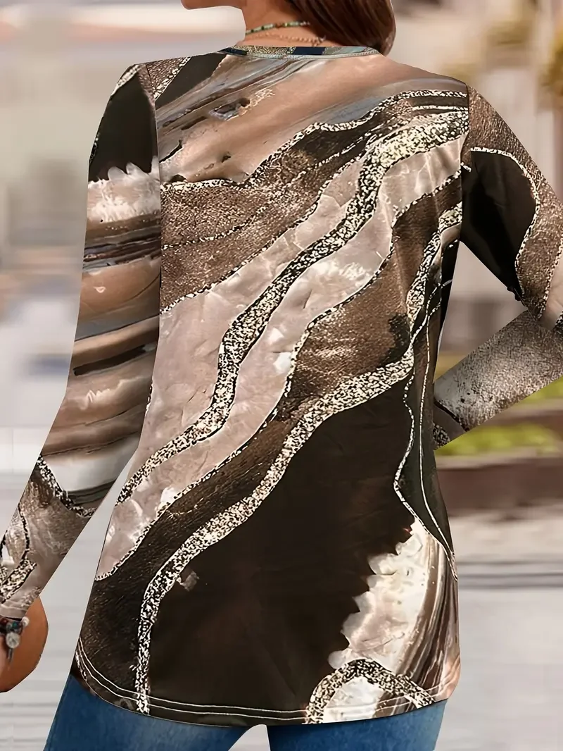 Women's Long Sleeve T-shirt Spring/Fall Brown Abstract Printing Jersey V Neck Daily Going Out Casual Top