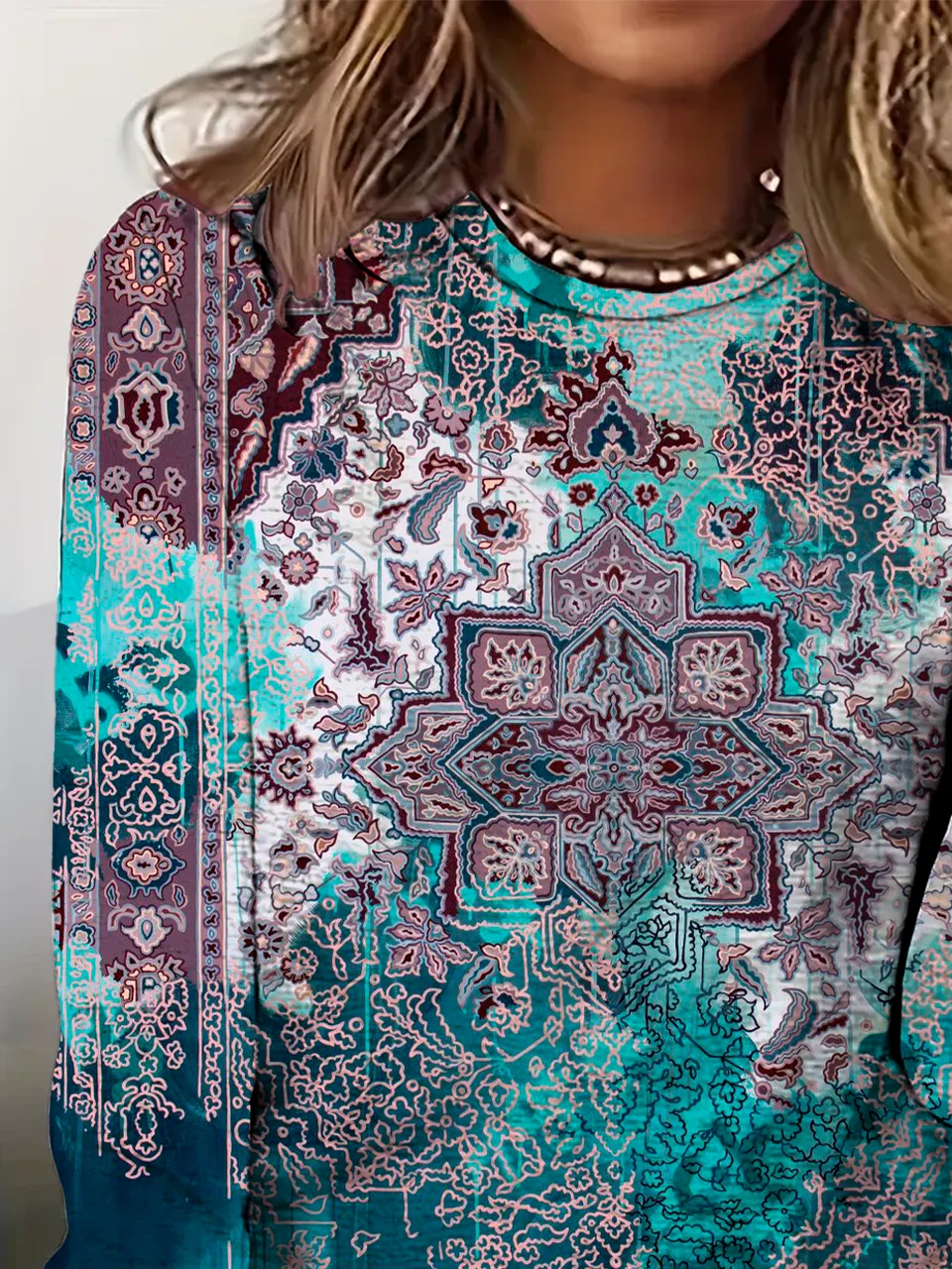 Regular Tops Daily Ethnic Print Spring and Autumn Long Sleeve Round Neck T-Shirt