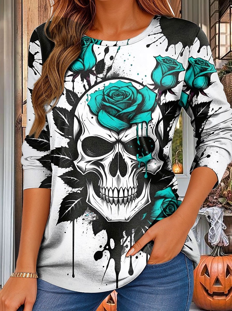 Halloween Women's Abstract Vintage Long Sleeve Crew Neck T-Shirt