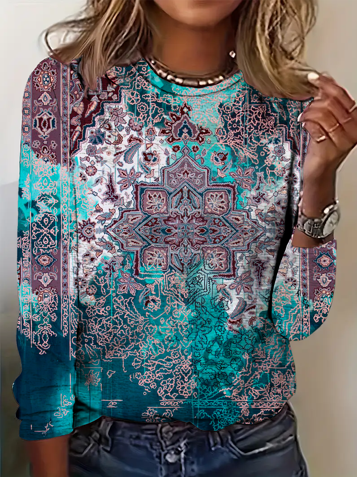 Regular Tops Daily Ethnic Print Spring and Autumn Long Sleeve Round Neck T-Shirt