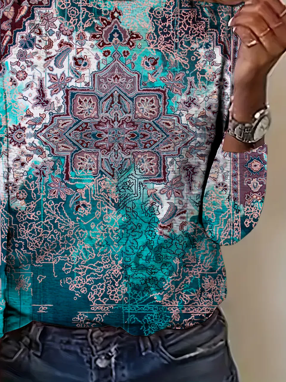 Regular Tops Daily Ethnic Print Spring and Autumn Long Sleeve Round Neck T-Shirt