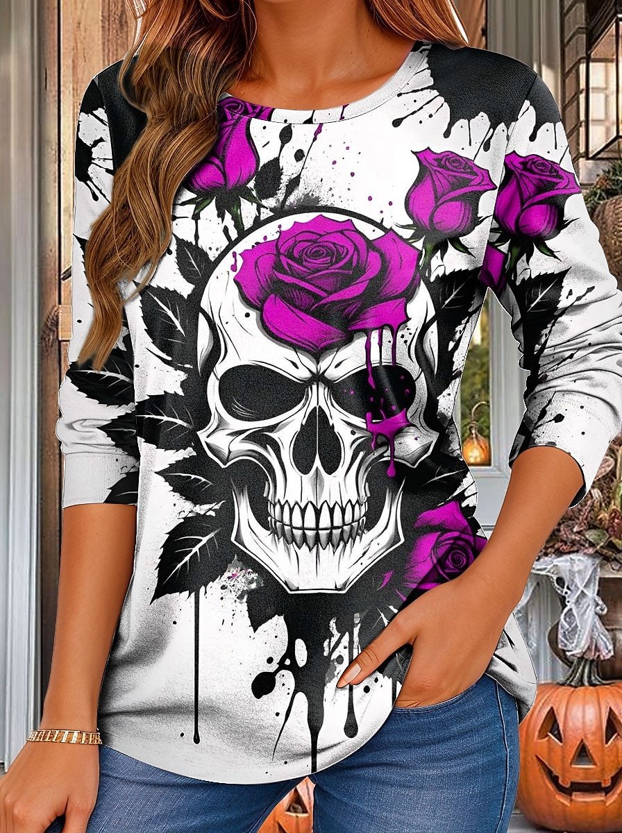 Halloween Women's Abstract Vintage Long Sleeve Crew Neck T-Shirt
