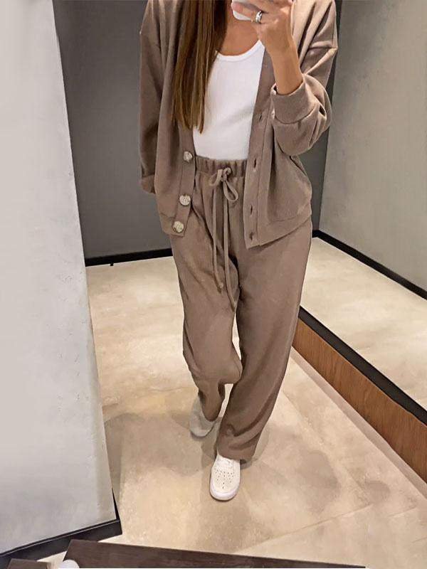 Women's Buckle Plain Daily Going Out Two-Piece Set Khaki Casual Spring/Fall Top With Pants Matching Set